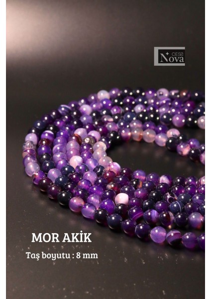 Sertifikalı 8 mm Mor Akik Doğal Taş Dizi (45-47 Adet)