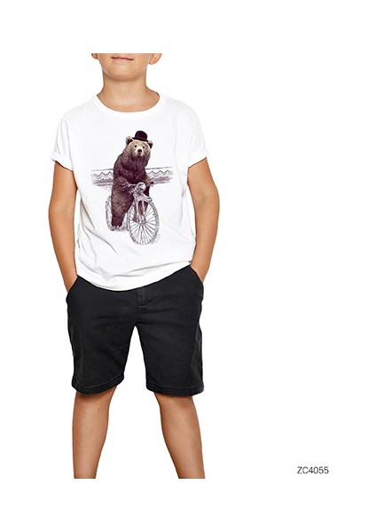 Bisikletli Ayı Beyaz Çocuk Tişört