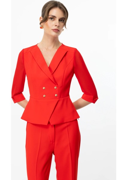 Kruvaze Yaka Kolları Tül Ceket Mercan 04202