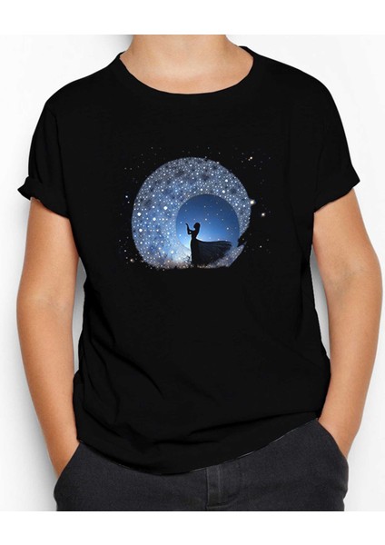 Woman Watching The Stars In The Sky Siyah Çocuk Tişört