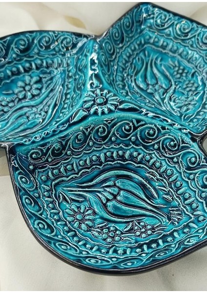 Çini Çerezlik Sunumluk Kase Tabak Kahvaltı Tabağı 3 Lü Yaprak Seramik Turkuaz fırsatları