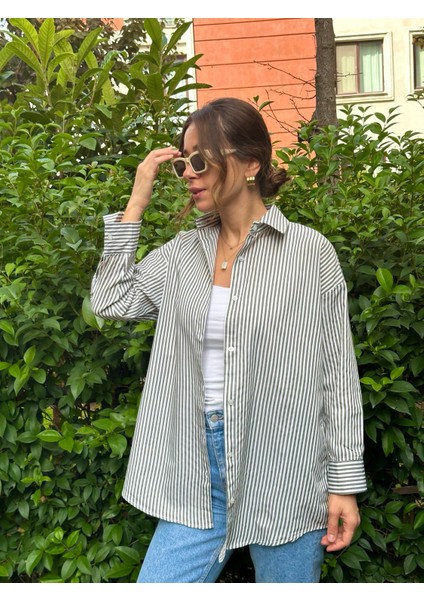 Haki Renk Çizgili Oversize Uzun Kollu Kadın Gömlek (1 Ya Da 2 Beden Büyük Tercih Ediniz) fiyatları