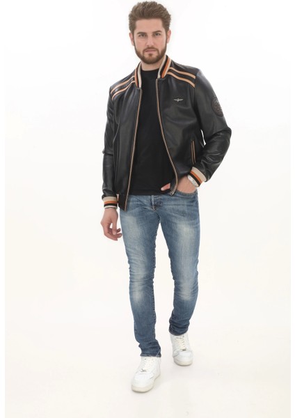 Erkek Spor ve Şıklık Bir Arada Derimont Varsity Hakiki Kuzu Derisi Bomber Ceket Erkek Mont