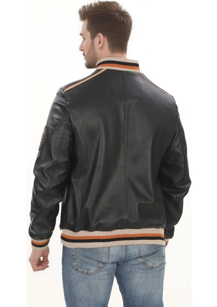Erkek Spor ve Şıklık Bir Arada Derimont Varsity Hakiki Kuzu Derisi Bomber Ceket Erkek Mont