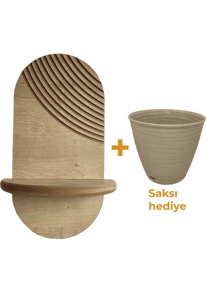 Minimal Meşe Duvar Rafı 1 Kademeli Saksı Hediyeli