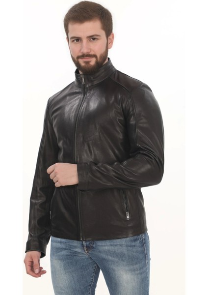 Erkek Minimal ve Çekici Derimont Ceket Erkek Hakiki Kuzu Derisi Slim Fit Siyah Mont
