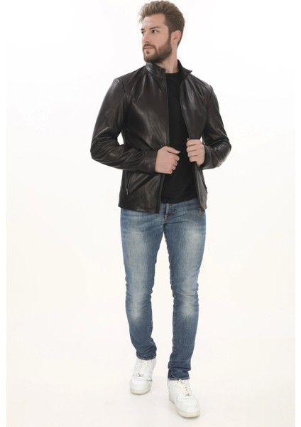 Erkek Minimal ve Çekici Derimont Ceket Erkek Hakiki Kuzu Derisi Slim Fit Siyah Mont fırsatları