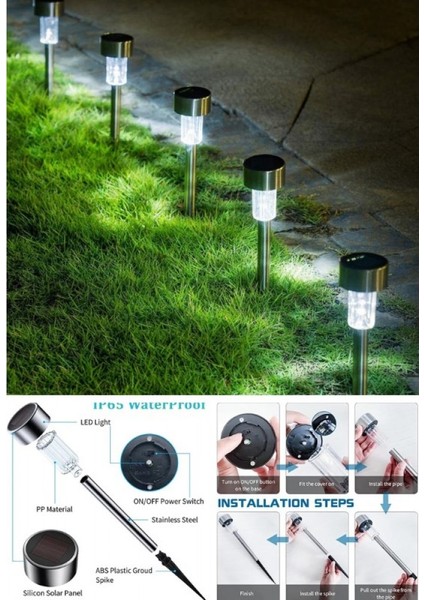 3 Adet Güneş Enerjili Bahçe Aydınlatma Metal Gövdeli Beyaz Ledli Montajsız Solar Aydınlatma 33 cm