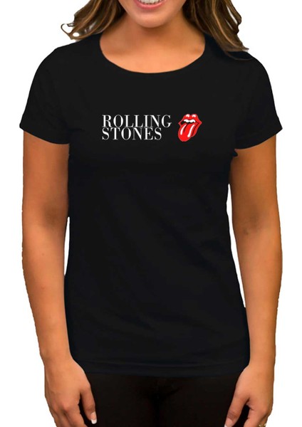 The Rolling Stones Logo Text Siyah Kadın Tişört