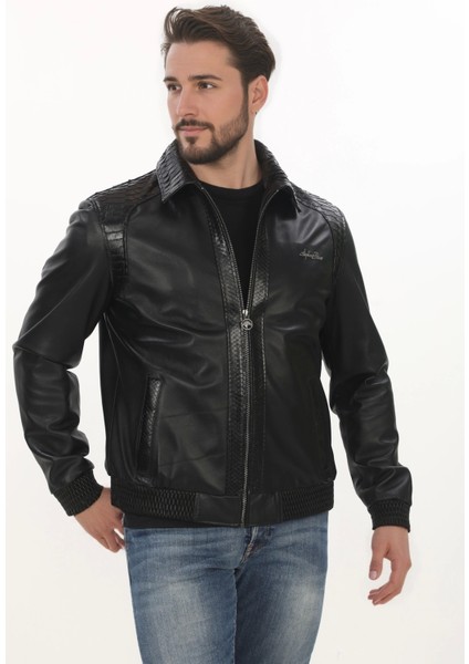 Erkek Dikkat Çekici Derimont Bomber Hakiki Kuzu Derisi Mont Fermuarlı Yılan Desenli