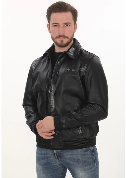 Erkek Dikkat Çekici Derimont Bomber Hakiki Kuzu Derisi Mont Fermuarlı Yılan Desenli fiyatları