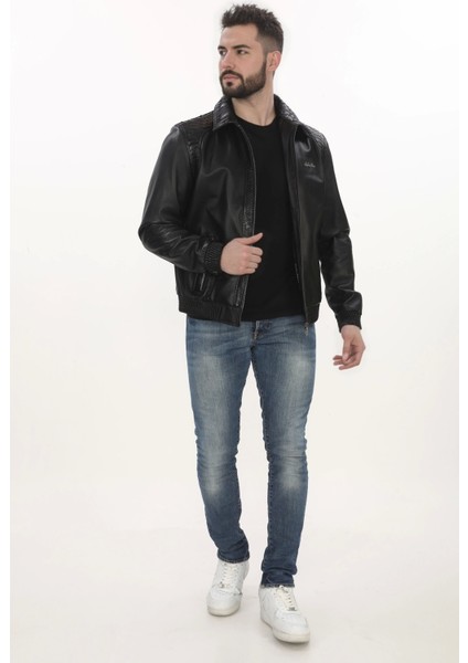 Erkek Dikkat Çekici Derimont Bomber Hakiki Kuzu Derisi Mont Fermuarlı Yılan Desenli modelleri