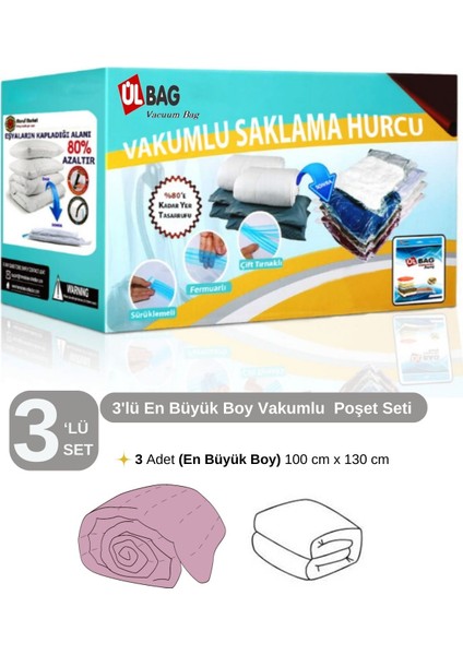 (3 Adet)(En Büyük Boy) 100 cm x 130 cm (Yorgan ve Döşek) Vakumlu Poşet- Vakumlu Hurç - Vakumlu Torb