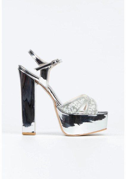 Kadın Moda Şık Gümüş Ayna Yüz Inci Taşlı Klasik Köşe Kalıplı Kalın Düğün Nişan Gece Abiye Ayakkabı