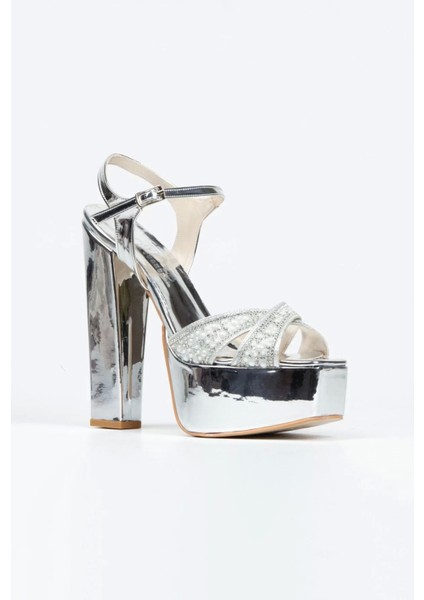 Kadın Moda Şık Gümüş Ayna Yüz Inci Taşlı Klasik Köşe Kalıplı Kalın Düğün Nişan Gece Abiye Ayakkabı fiyatları