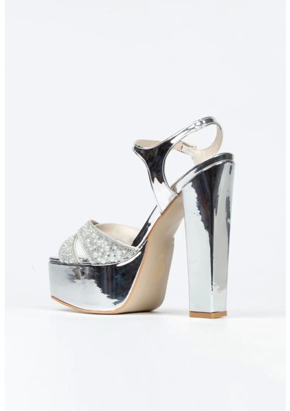 Kadın Moda Şık Gümüş Ayna Yüz Inci Taşlı Klasik Köşe Kalıplı Kalın Düğün Nişan Gece Abiye Ayakkabı fırsatları