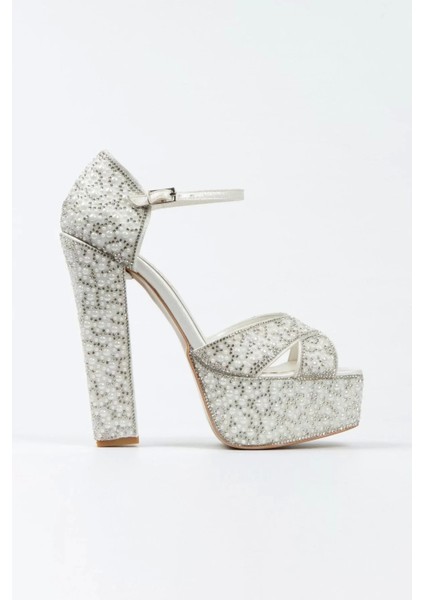 Kadın Moda Gümüş Sultan Full Inci Taşlı Klasik Köşe Kalıplı Kalın Düğün Nişan Gece Abiye Ayakkabı