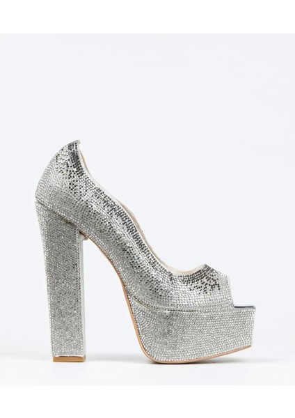 Kadın Moda Şık Gümüş Sultan Taşlı Klasik Köşe Kalıplı Kalın Düğün Nişan Gece Abiye Ayakkabı
