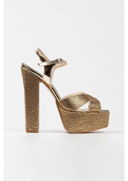 Kadın Moda Şık Gold Ayna Full Taşlı Klasik Köşe Kalıplı Kalın Düğün Nişan Gece Abiye Ayakkabı
