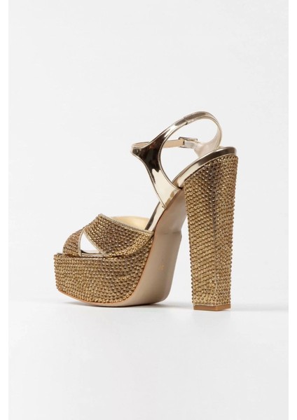 Kadın Moda Şık Gold Ayna Full Taşlı Klasik Köşe Kalıplı Kalın Düğün Nişan Gece Abiye Ayakkabı