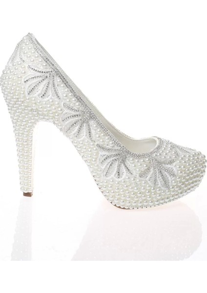 Kadın Moda Şık Sedef Inci Taş Işlemeli Topuklu Zarif Tasarım Düğün Nişan Gece Abiye Ayakkabı