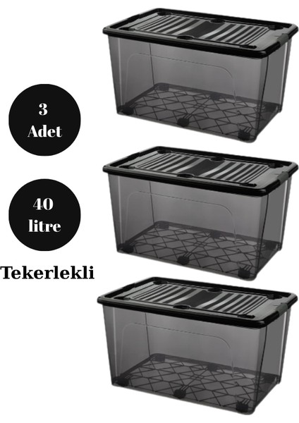 Depolama Saklama Kutusu Düzenleyici Tekerlekli Kilitli Saklama Kabı 3 Adet 40 Lt Antrasit