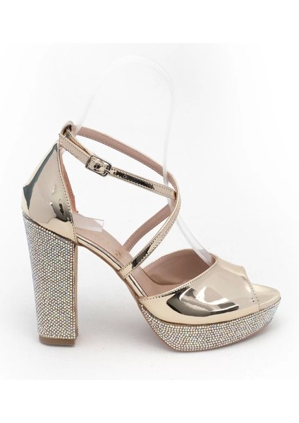 Kadın Moda Şık Gold Ayna Taşlı Topuklu Zarif Tasarım Düğün Nişan Gece Abiye Ayakkabı