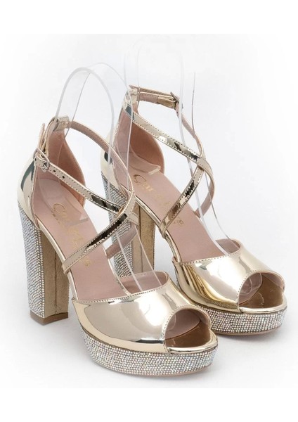 Kadın Moda Şık Gold Ayna Taşlı Topuklu Zarif Tasarım Düğün Nişan Gece Abiye Ayakkabı modelleri