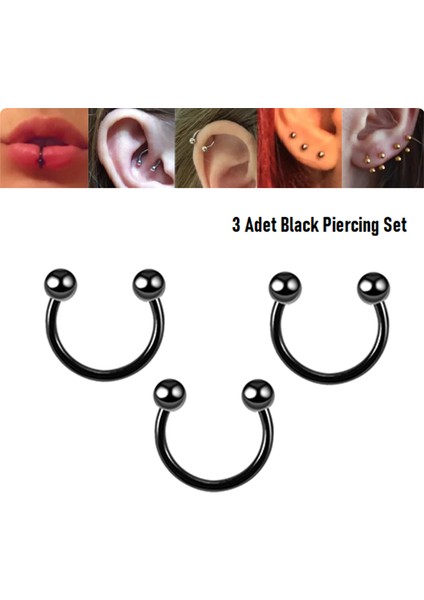 316L Cerrahi Çelik, 8 mm Çap, 3 mm Toplu, 3 Adet Siyah Kaplama Septum Piercing Set, Kaş, Dudak, Burun, Kulak Kullanımına Uygundur