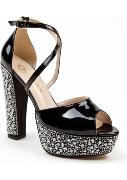 Kadın Moda Şık Siyah Rugan Ökçe Poli Inci Düğün Nişan Gece Abiye Ayakkabı