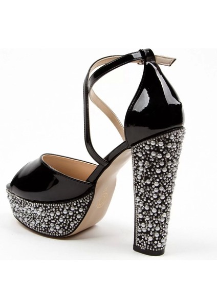 Kadın Moda Şık Siyah Rugan Ökçe Poli Inci Düğün Nişan Gece Abiye Ayakkabı fırsatları