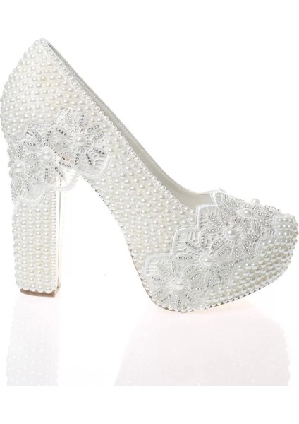 Kadın Moda Beyaz Sedef Inci Taş Işlemeli Gelin Ayakkabı Topuklu Düğün Nişan Gece Abiye Ayakkabı