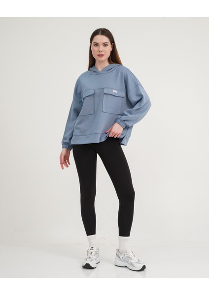 Indigo Mavi Kapüşonlu Dökümlü Kalıp Cep Detaylı Modal Sweatshirt