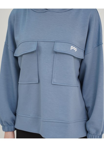 Indigo Mavi Kapüşonlu Dökümlü Kalıp Cep Detaylı Modal Sweatshirt