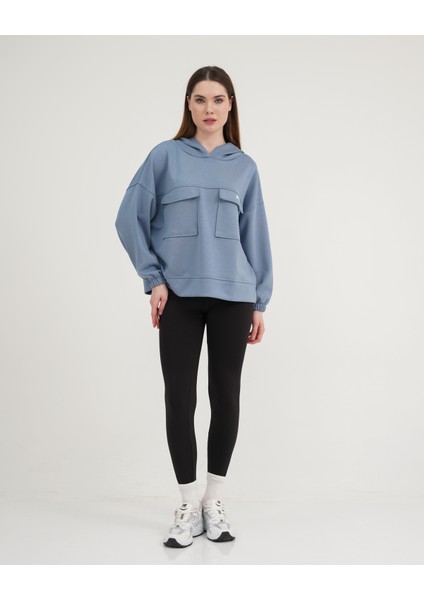Indigo Mavi Kapüşonlu Dökümlü Kalıp Cep Detaylı Modal Sweatshirt