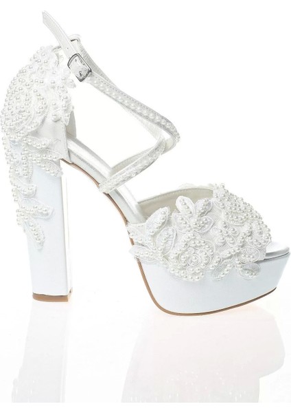 Kadın Moda Beyaz Sedef Inci Taş Işlemeli Gelin Ayakkabı Topuklu Düğün Nişan Gece Abiye Ayakkabı