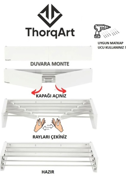 Duvara Monte Kurutmalık Dekoratif Pratik Çamaşırlık - Çamaşır Kurutma Askısı Beyaz - 70CM