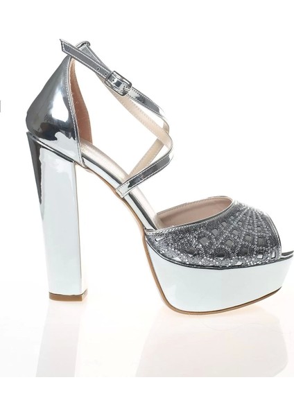 Kadın Moda Şık Gümüş Topuklu Zarif Tasarım Yüksek Topuk Düğün Nişan Gece Abiye Ayakkabı