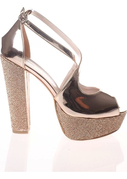 Kadın Moda Şık Gold Ayna Ökçe Poli Taş Topuklu Zarif Tasarım Düğün Nişan Gece Abiye Ayakkabı
