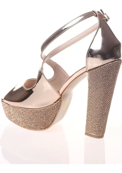 Kadın Moda Şık Gold Ayna Ökçe Poli Taş Topuklu Zarif Tasarım Düğün Nişan Gece Abiye Ayakkabı fırsatları
