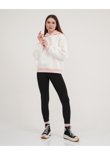Ekru-Toz Pembe Iki Renkli Kapüşonlu Üç Iplik Şardonlu Oversize Sweatshirt Hoodie