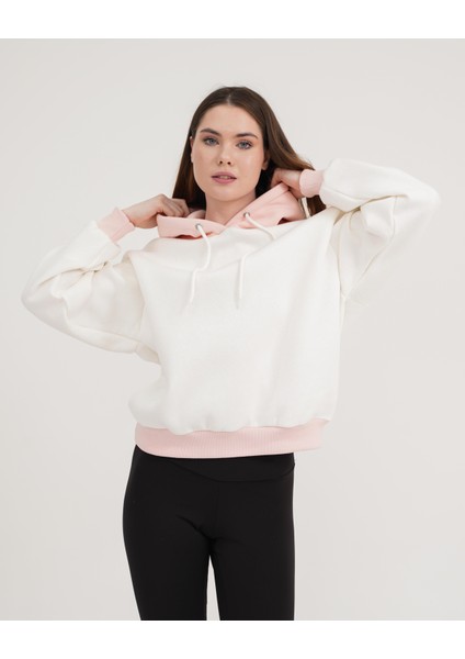 Ekru-Toz Pembe Iki Renkli Kapüşonlu Üç Iplik Şardonlu Oversize Sweatshirt Hoodie