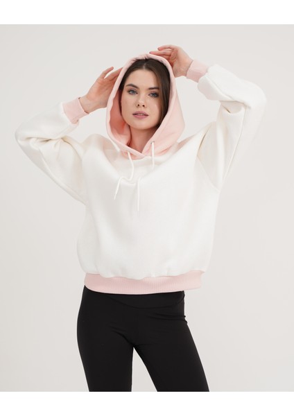 Ekru-Toz Pembe Iki Renkli Kapüşonlu Üç Iplik Şardonlu Oversize Sweatshirt Hoodie