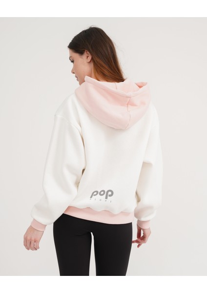 Ekru-Toz Pembe Iki Renkli Kapüşonlu Üç Iplik Şardonlu Oversize Sweatshirt Hoodie