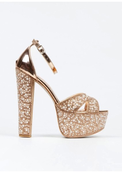 Kadın Moda Ayna Full Inci Taşlı Çapraz Klasik Topuklu Platformlu Düğün Nişan Gece Abiye Ayakkabı