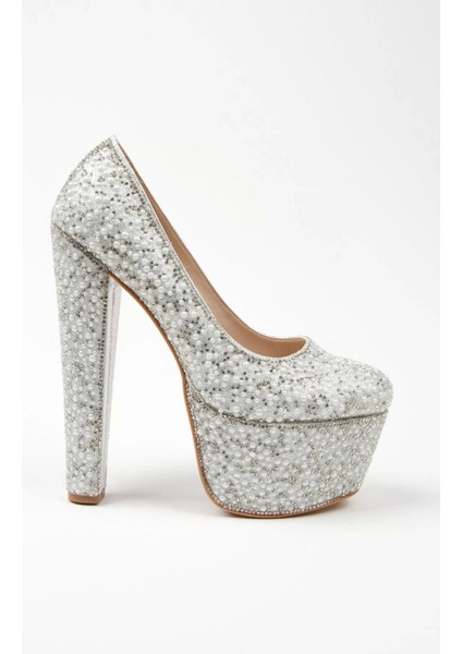 Kadın Moda Şık Gümüş Full Inci Zarif Tasarım Düğün Nişan Gece Abiye Ayakkabı