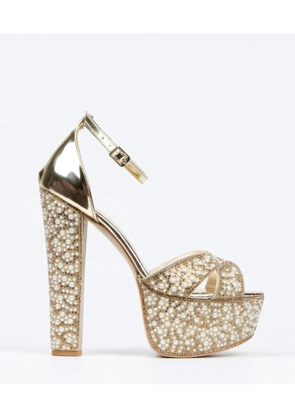 Kadın Moda Ayna Full Inci Taşlı Çapraz Klasik Topuklu Platformlu Düğün Nişan Gece Abiye Ayakkabı