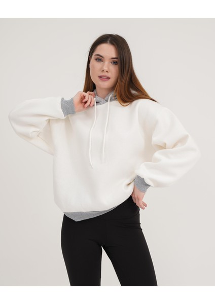 Ekru-Gri Melange Iki Renkli Kapüşonlu Üç Iplik Şardonlu Oversize Sweatshirt Hoodie