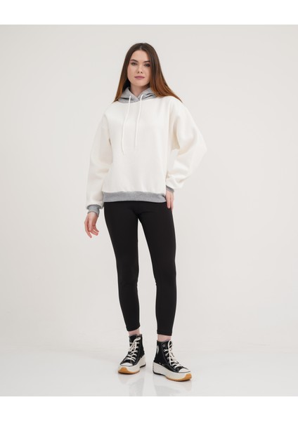 Ekru-Gri Melange Iki Renkli Kapüşonlu Üç Iplik Şardonlu Oversize Sweatshirt Hoodie