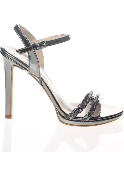 Kadın Moda Şık Platin Ayna Örgü Taş Topuklu Zarif Tasarım Düğün Nişan Gece Abiye Ayakkabı